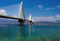 The unique RioÃ¢â¬âAntirrio Bridge on the Ionian Sea in the Peloponnese in Greece on a sunny day